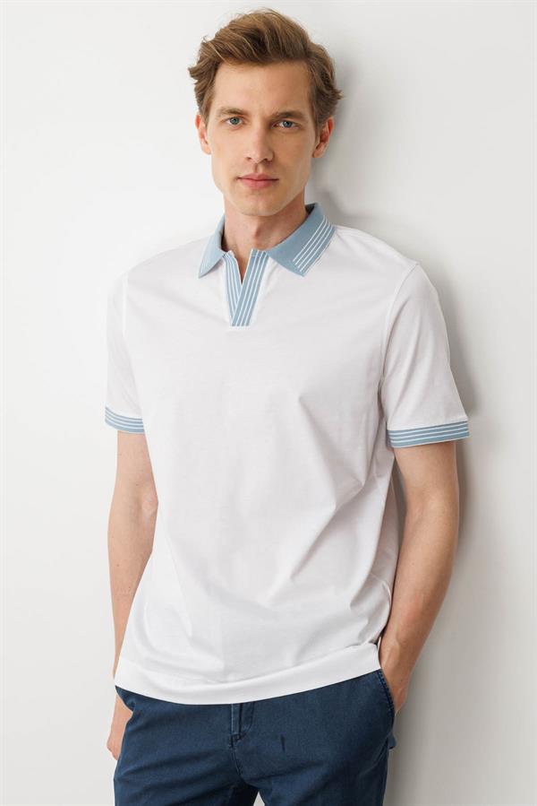 Erkek Polo Yaka Kolu ve Yakası Çizgili T-shirt Beyaz