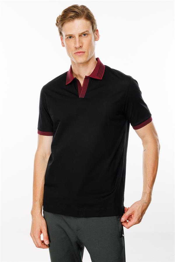Erkek Polo Yaka Kolu ve Yakası Çizgili T-shirt Siyah
