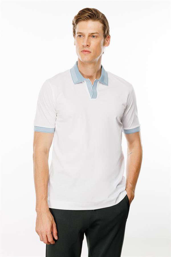 Erkek Polo Yaka Kolu ve Yakası Çizgili T-shirt Beyaz