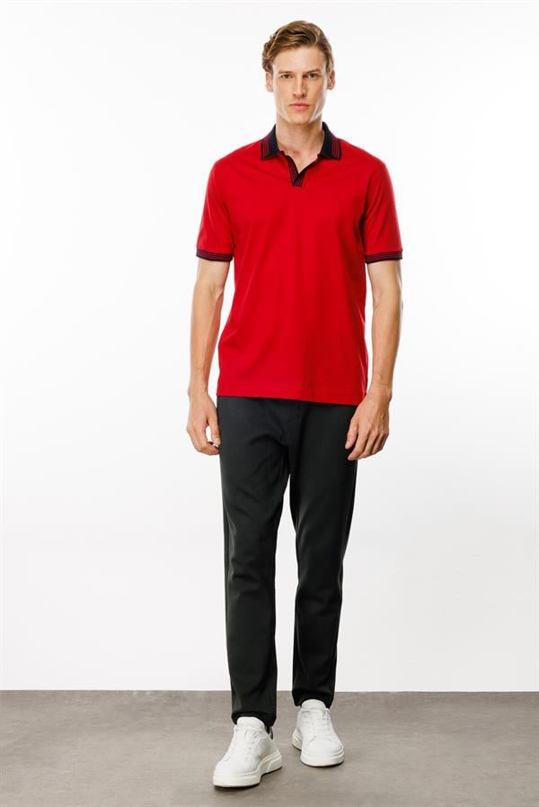 Erkek Polo Yaka Kolu ve Yakası Çizgili T-shirt Kırmızı