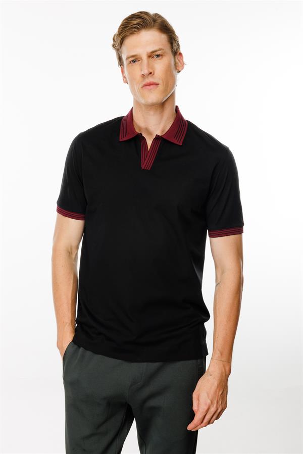 Erkek Polo Yaka Kolu ve Yakası Çizgili T-shirt Siyah