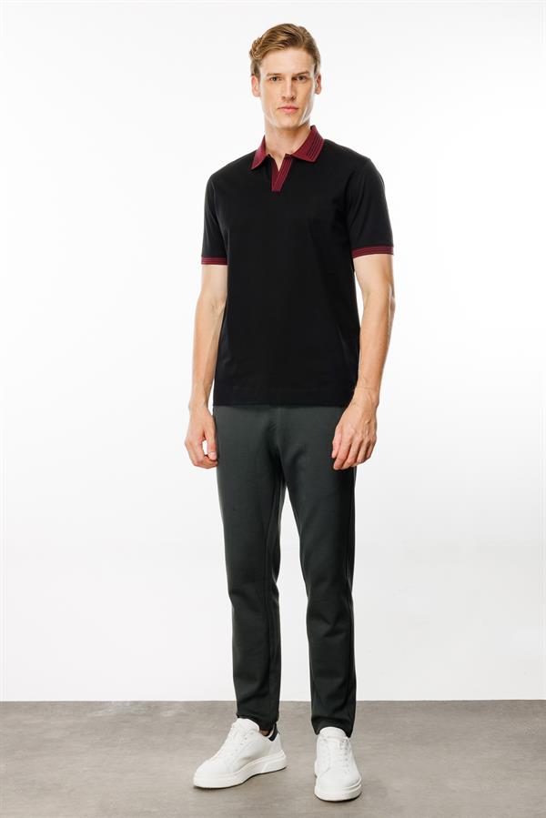 Erkek Polo Yaka Kolu ve Yakası Çizgili T-shirt Siyah