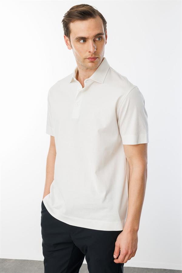 Erkek Polo Yaka Merserize T-shirt K.Beyaz