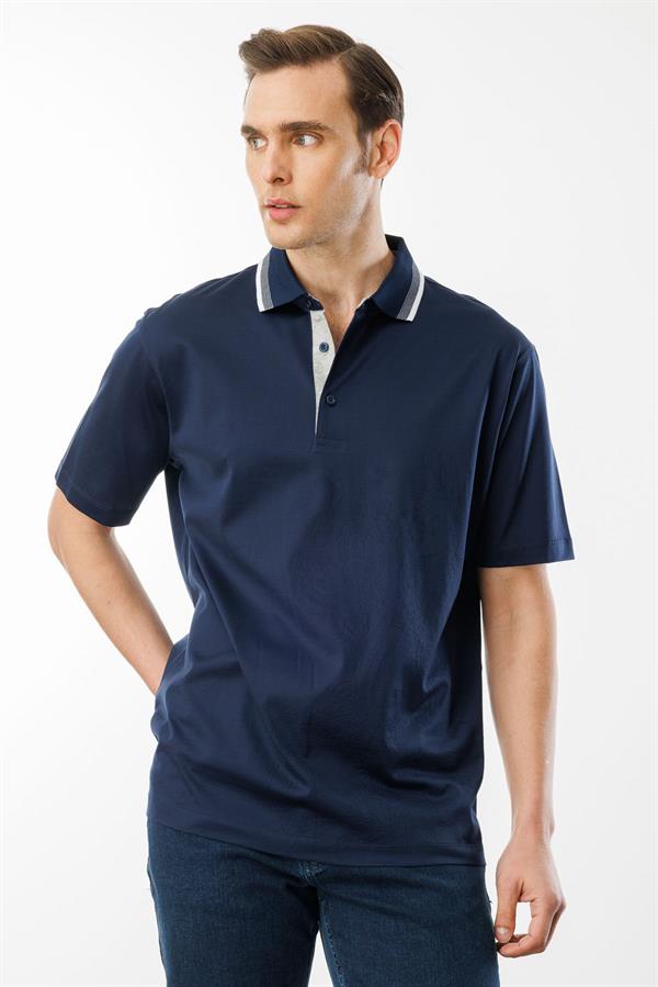 Erkek Polo Yaka Merserize T-shirt Lacivert_3