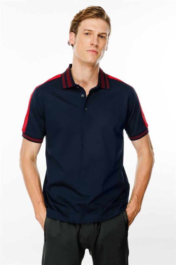 Erkek Polo Yaka Omuzu Şeritli T-shirt Lacivert