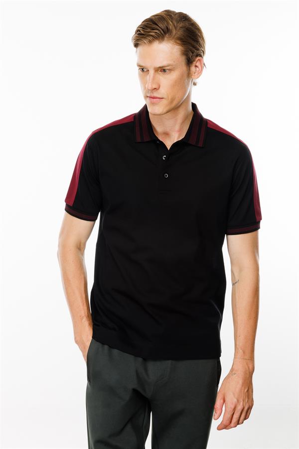 Erkek Polo Yaka Omuzu Şeritli T-shirt Siyah
