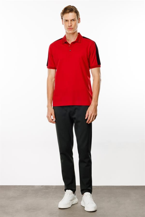Erkek Polo Yaka Omuzu Şeritli T-shirt Kırmızı