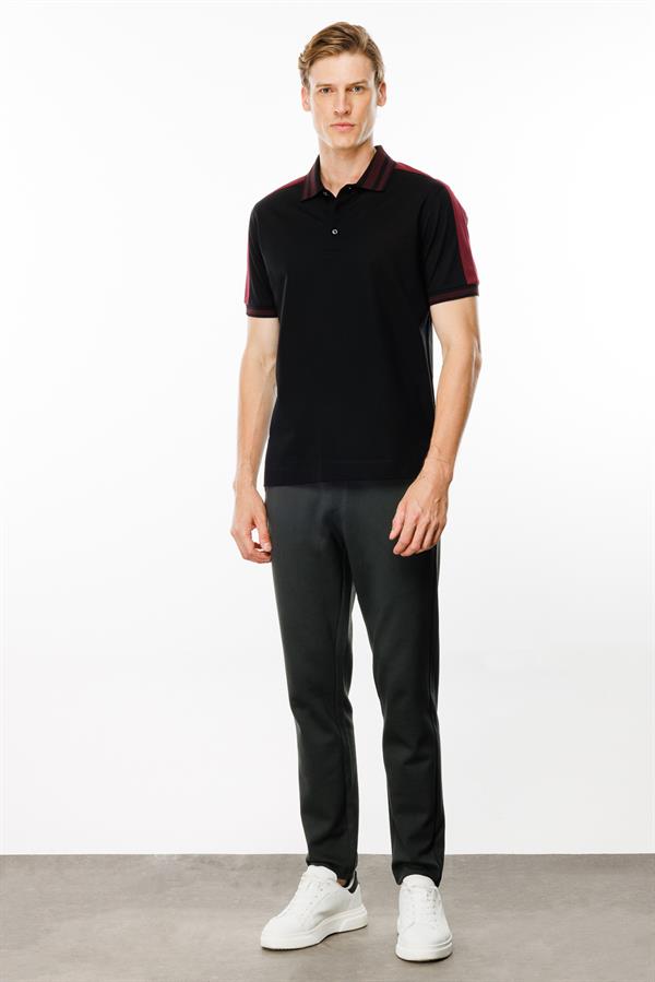 Erkek Polo Yaka Omuzu Şeritli T-shirt Siyah