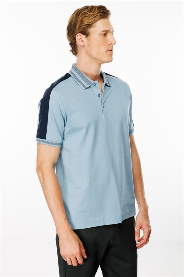 Erkek Polo Yaka Omuzu Şeritli T-shirt Mavi