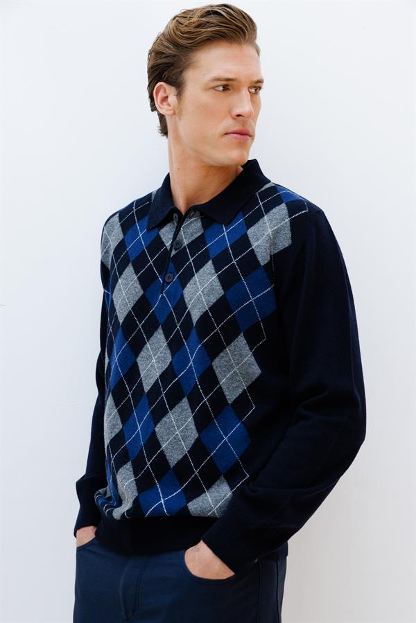 Erkek Polo Yaka Önü Baklaca Desenli Yün Kazak K.Lacivert