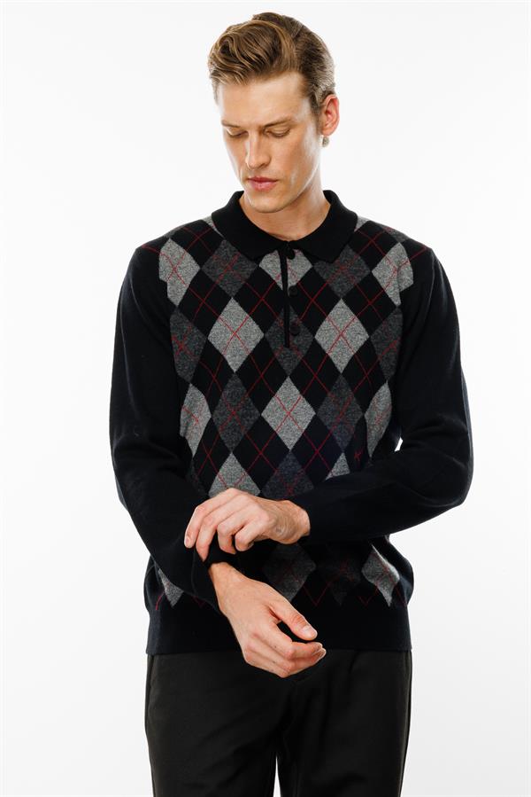 Erkek Polo Yaka Önü Baklaca Desenli Yün Kazak Siyah