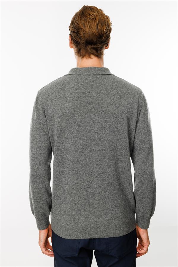 Erkek Polo Yaka Önü Baklaca Desenli Yün Kazak Füme