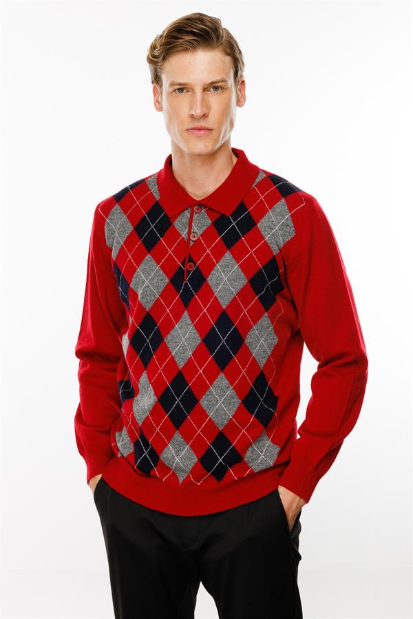 Erkek Polo Yaka Önü Baklaca Desenli Yün Kazak K.Kırmızı