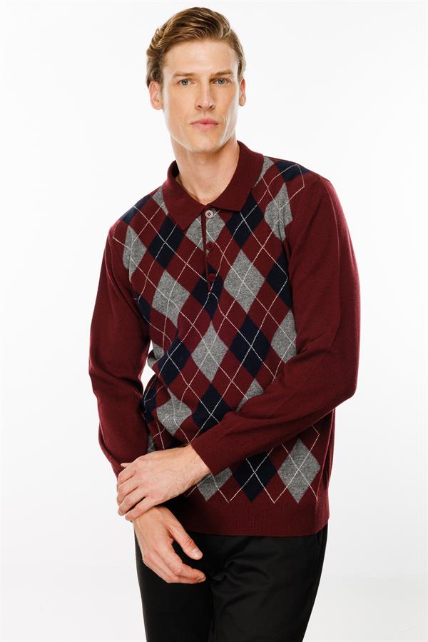 Erkek Polo Yaka Önü Baklaca Desenli Yün Kazak Bordo