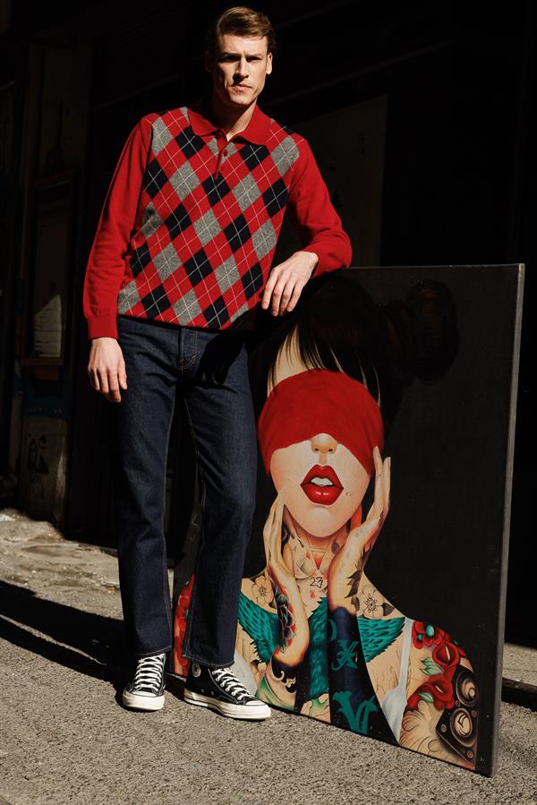 Erkek Polo Yaka Önü Baklaca Desenli Yün Kazak K.Kırmızı