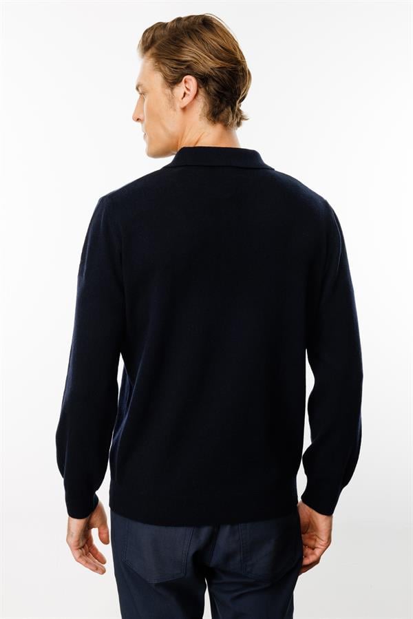 Erkek Polo Yaka Önü Baklaca Desenli Yün Kazak K.Lacivert