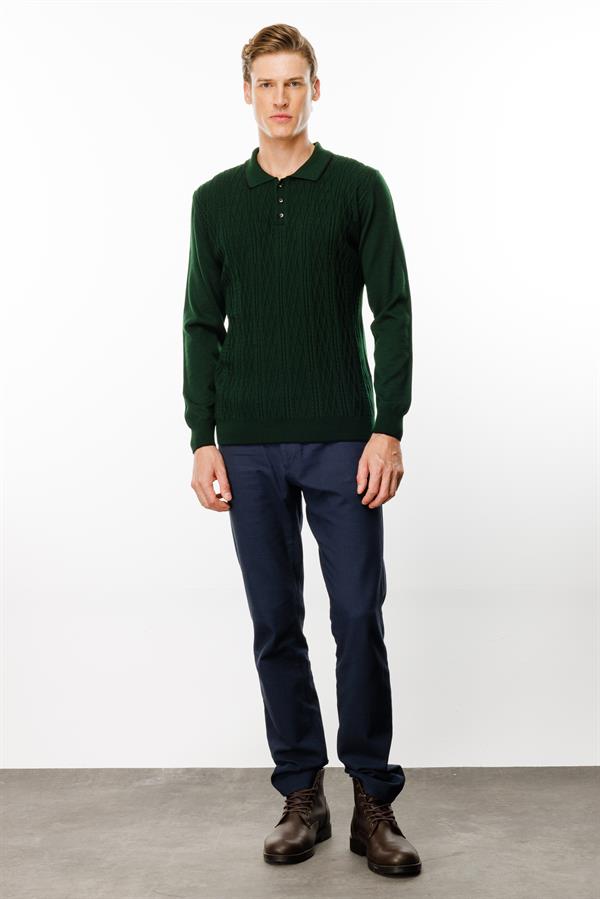 Erkek Polo Yaka Önü Baklava Örgü Kazak A.Yeşil