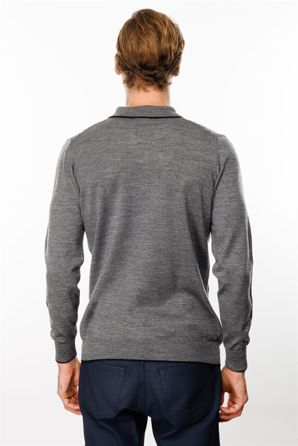 Erkek Polo Yaka Önü Baklava Örgü Kazak Füme