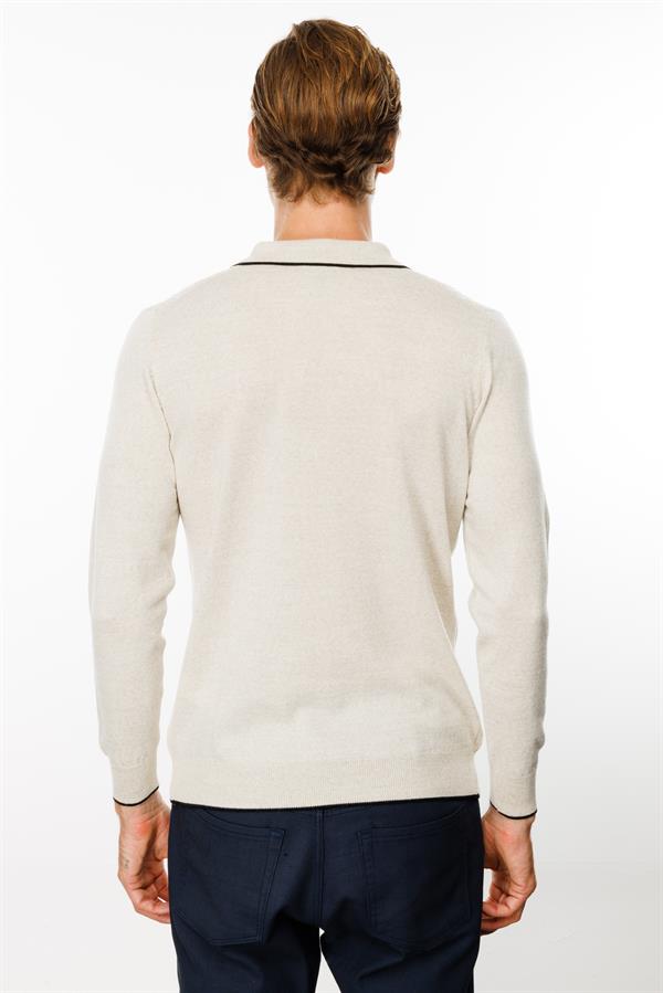 Erkek Polo Yaka Önü Baklava Örgü Kazak V.Bej