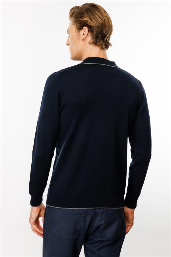 Erkek Polo Yaka Önü Baklava Örgü Kazak Lacivert