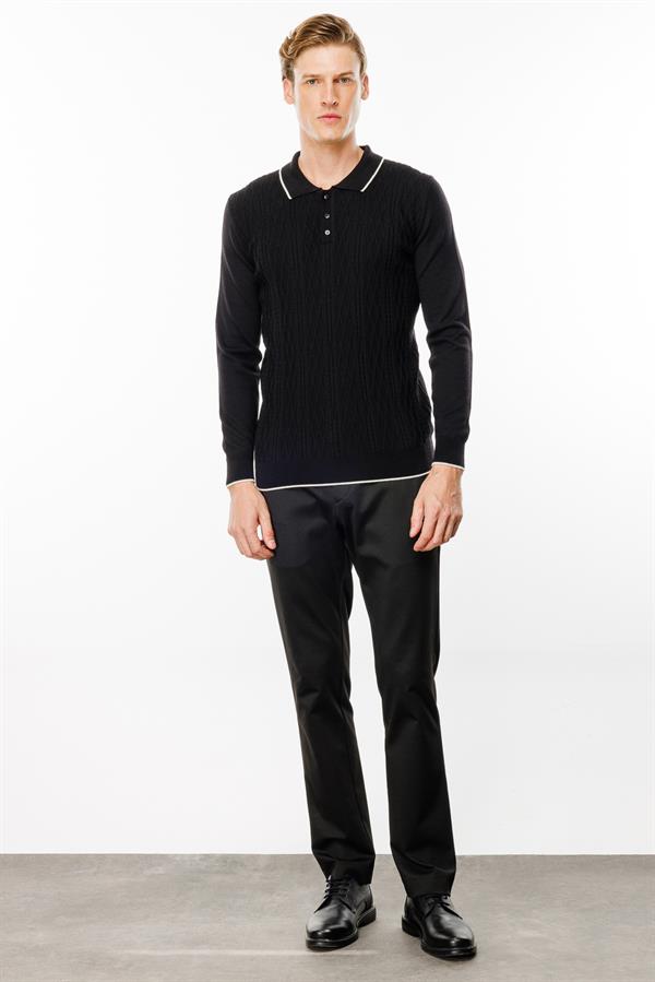 Erkek Polo Yaka Önü Baklava Örgü Kazak Siyah