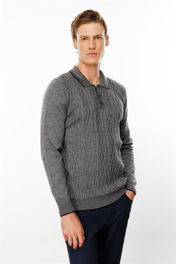 Erkek Polo Yaka Önü Baklava Örgü Kazak Füme