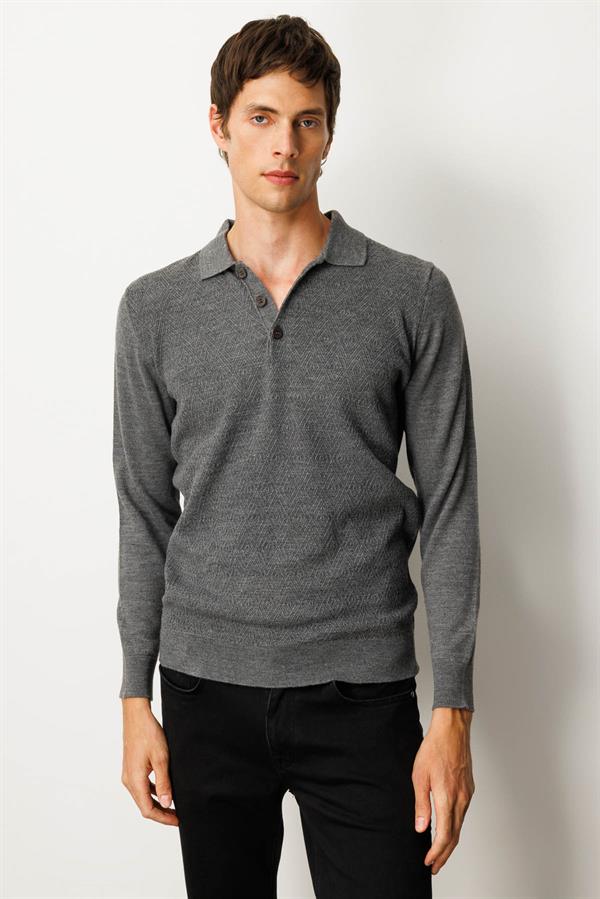 Erkek Polo Yaka Önü Baklavalı Triko Kazak Füme