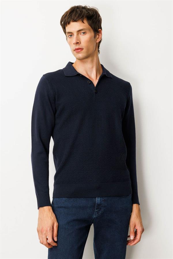 Erkek Polo Yaka Önü Baklavalı Triko Kazak K.Lacivert