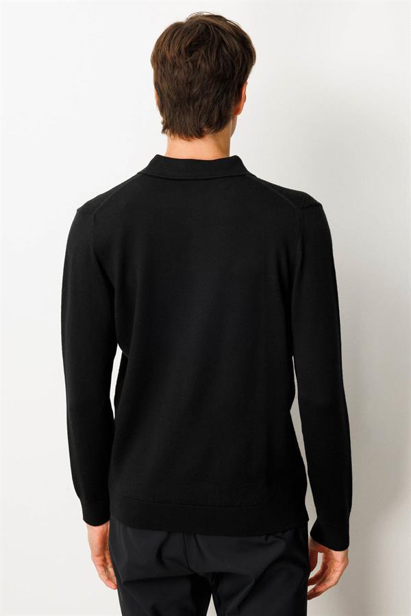 Erkek Polo Yaka Önü Baklavalı Triko Kazak Siyah