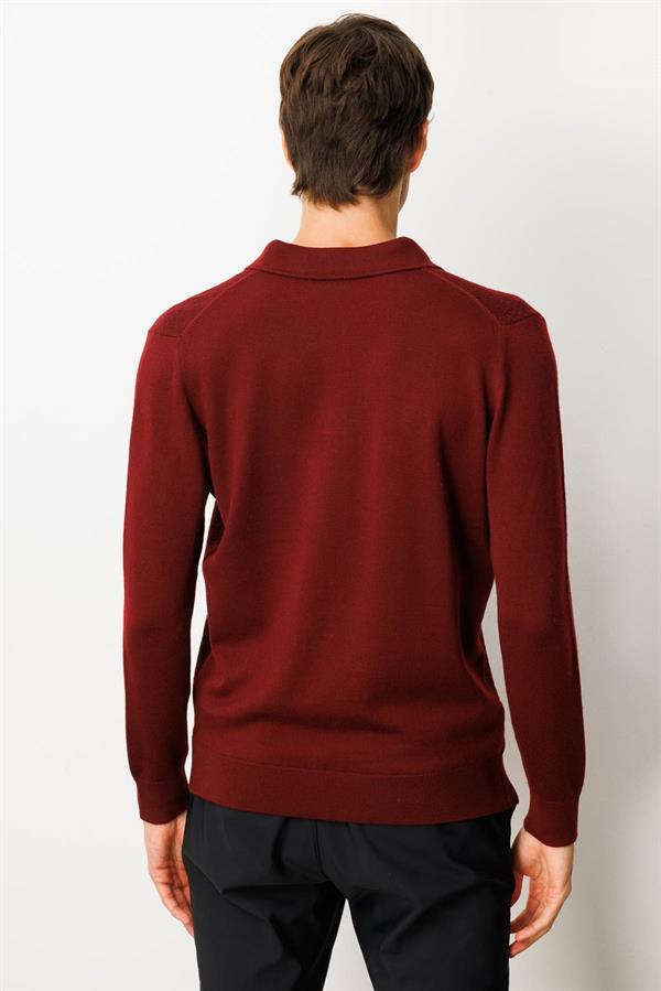 Erkek Polo Yaka Önü Baklavalı Triko Kazak Bordo