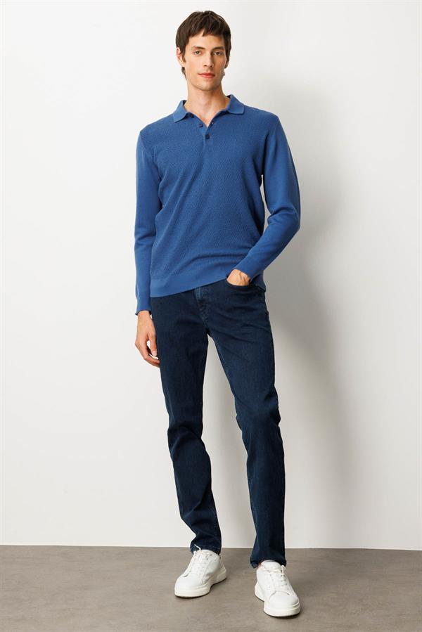Erkek Polo Yaka Önü Baklavalı Triko Kazak H.Mavi