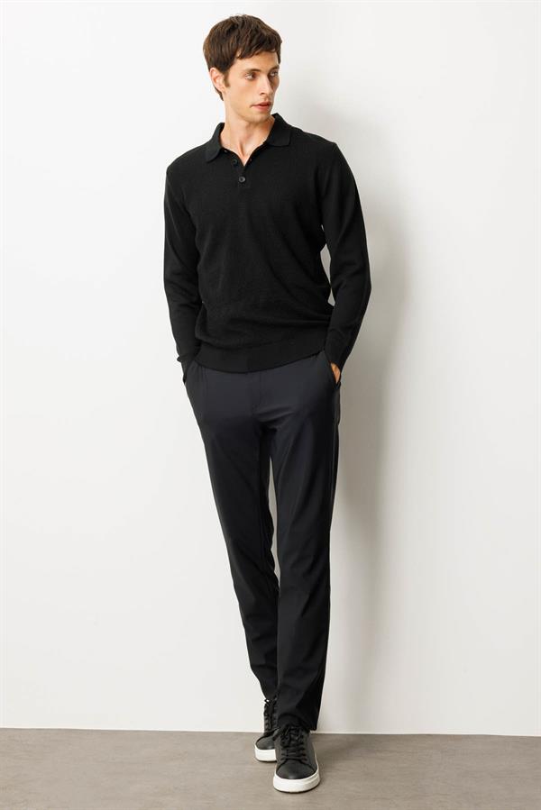 Erkek Polo Yaka Önü Baklavalı Triko Kazak Siyah