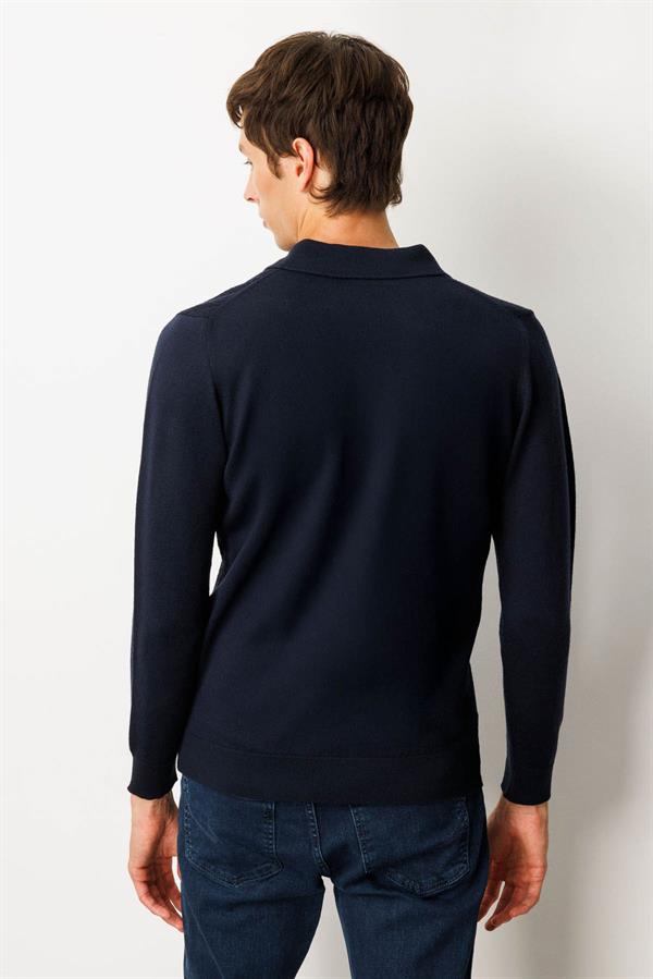 Erkek Polo Yaka Önü Baklavalı Triko Kazak K.Lacivert