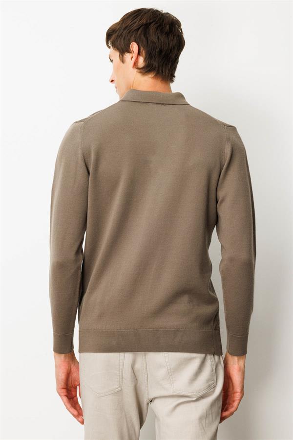 Erkek Polo Yaka Önü Baklavalı Triko Kazak Vizon