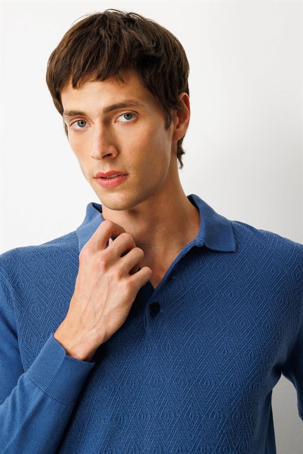 Erkek Polo Yaka Önü Baklavalı Triko Kazak H.Mavi