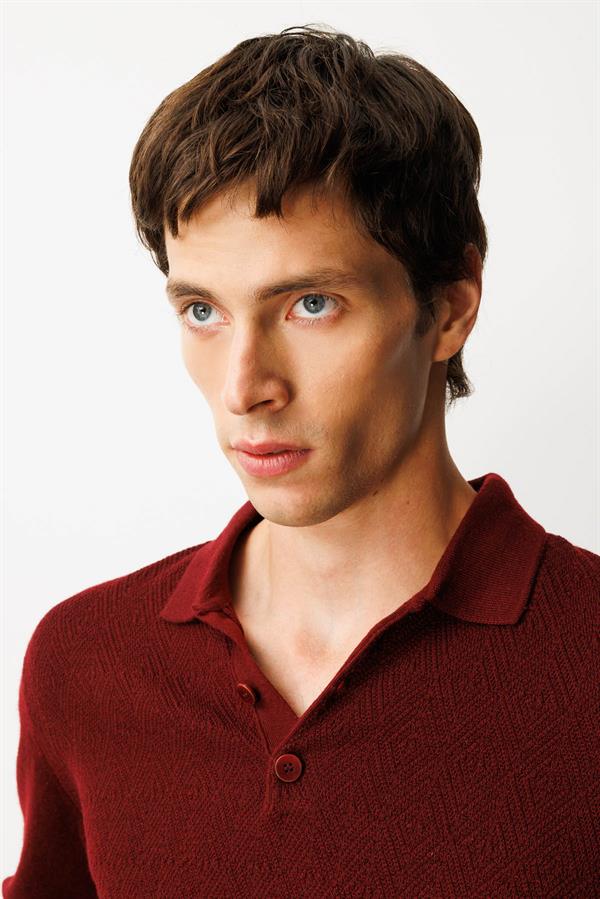 Erkek Polo Yaka Önü Baklavalı Triko Kazak Bordo