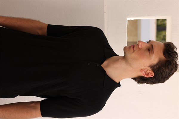 Erkek Polo Yaka Önü Desenli %100 Pamuk Triko T-shirt Siyah