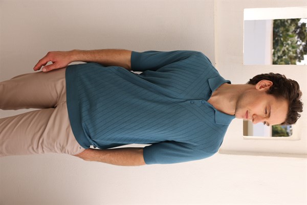 Erkek Polo Yaka Önü Desenli %100 Pamuk Triko T-shirt İndigo