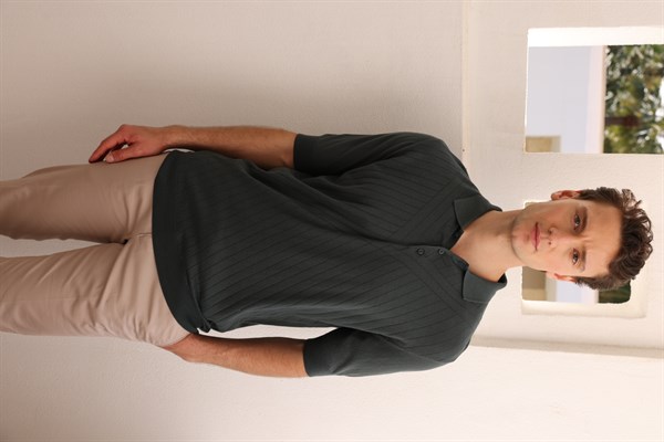 Erkek Polo Yaka Önü Desenli %100 Pamuk Triko T-shirt Yeşil