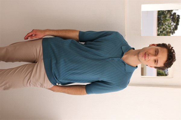 Erkek Polo Yaka Önü Desenli %100 Pamuk Triko T-shirt İndigo