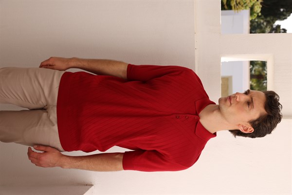Erkek Polo Yaka Önü Desenli %100 Pamuk Triko T-shirt Kırmızı