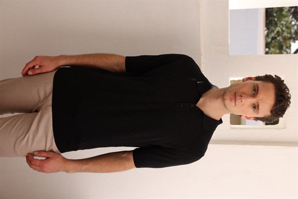 Erkek Polo Yaka Önü Desenli %100 Pamuk Triko T-shirt Siyah