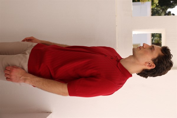 Erkek Polo Yaka Önü Desenli %100 Pamuk Triko T-shirt Kırmızı