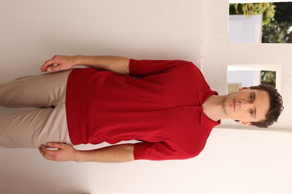 Erkek Polo Yaka Önü Desenli %100 Pamuk Triko T-shirt Kırmızı