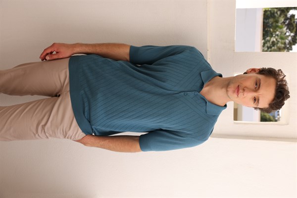 Erkek Polo Yaka Önü Desenli %100 Pamuk Triko T-shirt İndigo