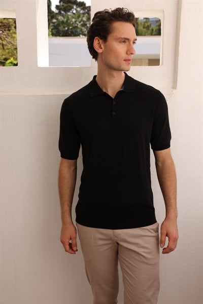 Erkek Polo Yaka Önü Desenli %100 Pamuk Triko T-shirt Siyah