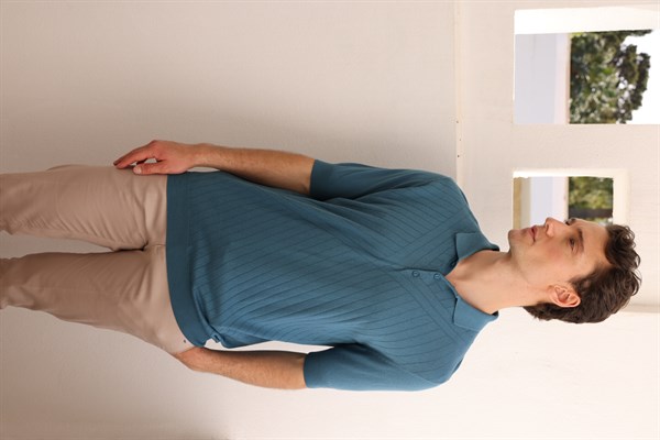Erkek Polo Yaka Önü Desenli %100 Pamuk Triko T-shirt İndigo