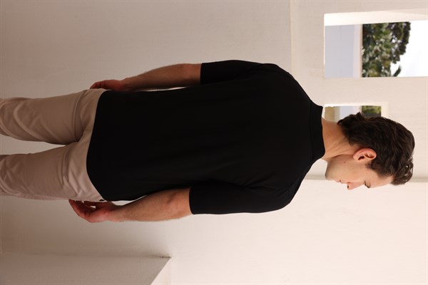 Erkek Polo Yaka Önü Desenli %100 Pamuk Triko T-shirt Siyah