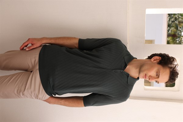 Erkek Polo Yaka Önü Desenli %100 Pamuk Triko T-shirt Yeşil