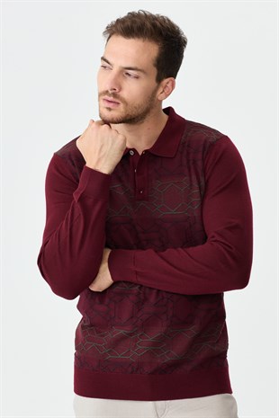 Мужской свитер с вырезом поло и рисунком спереди бордовый